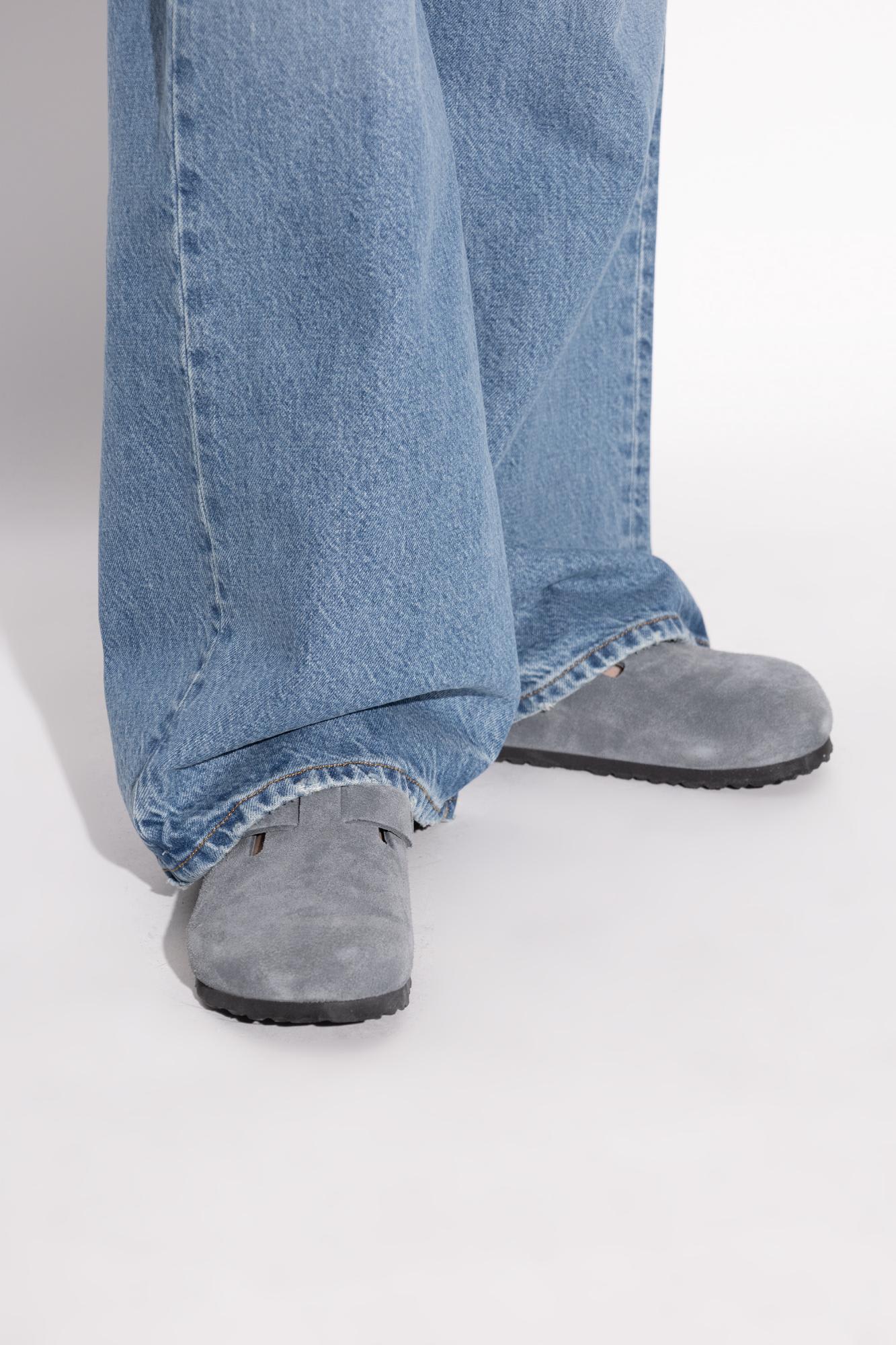 Birkenstock Suede Leather Open Back Slippers In Gray