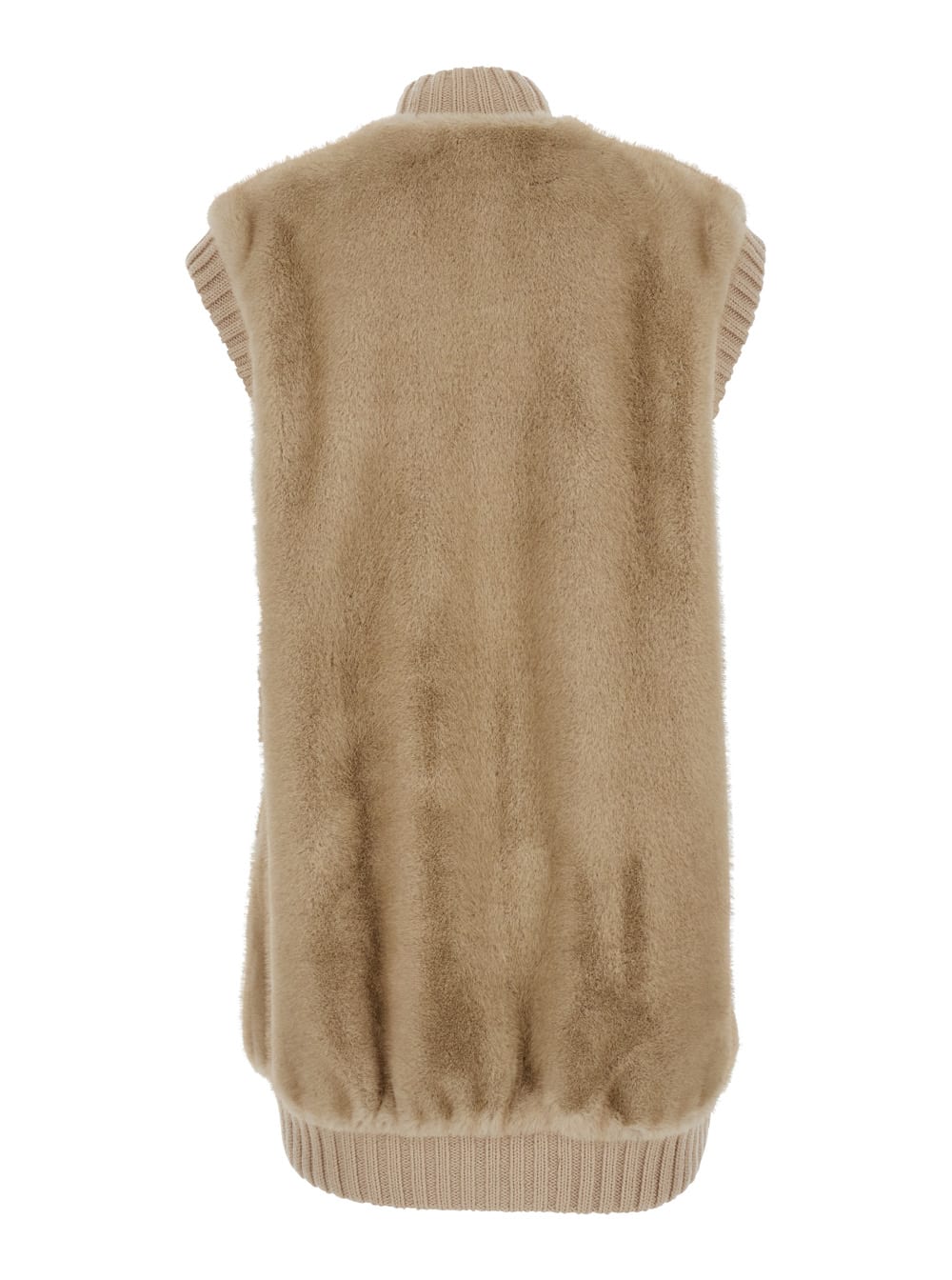 Pinko Genovese Beige Sleeveless Vest With High Neck And Ribbed Details In Ecofur Woman In Neutral
