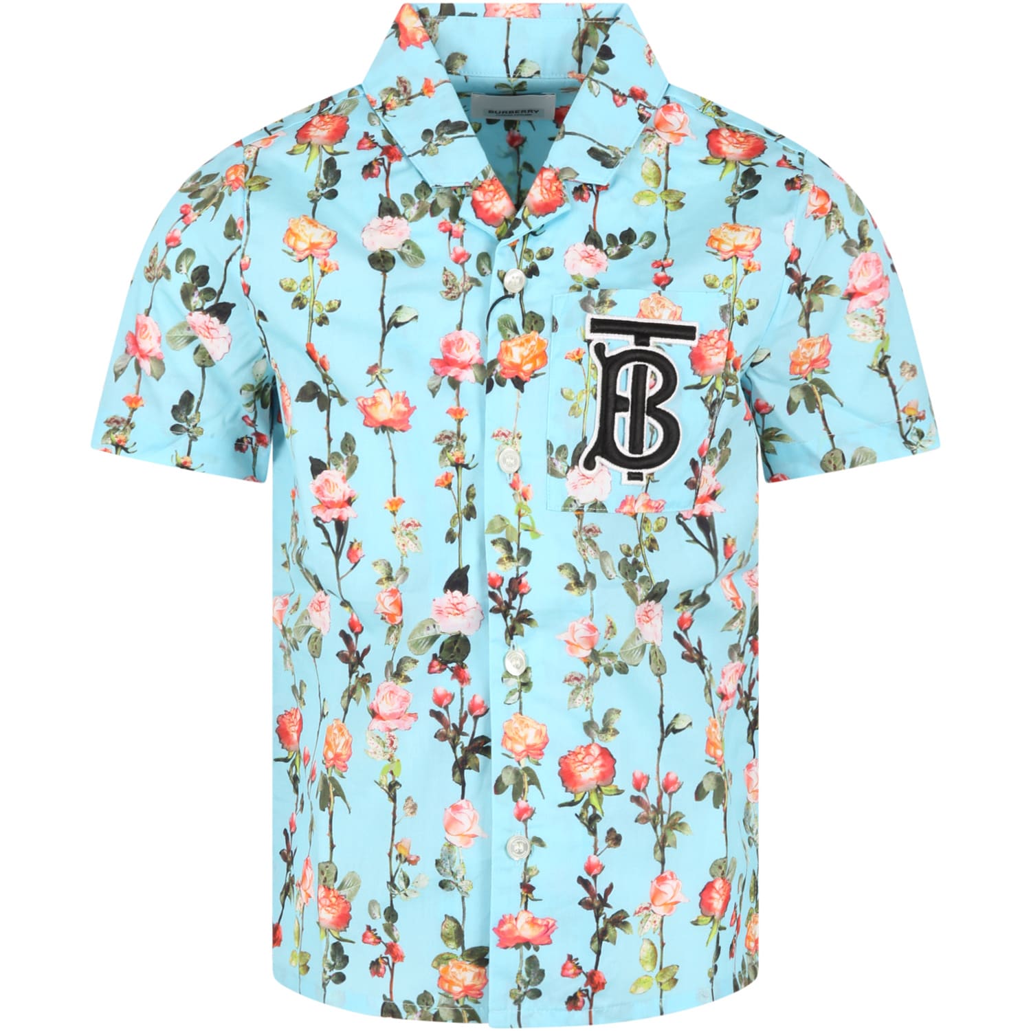 Burberry Light Blue Shirt For Boy With Flowers