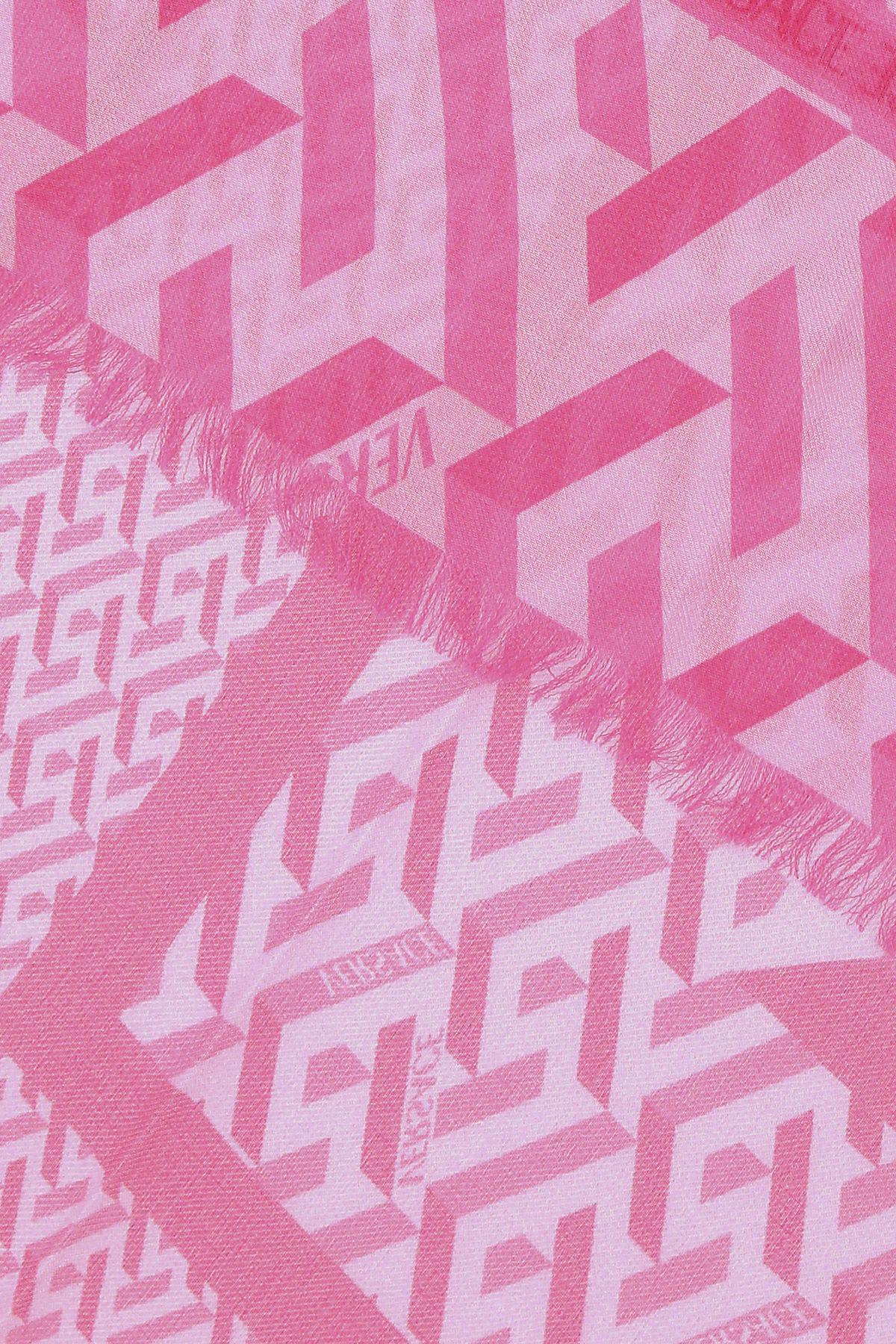 Versace Signature Print Frayed Edge Scarf In Rosa