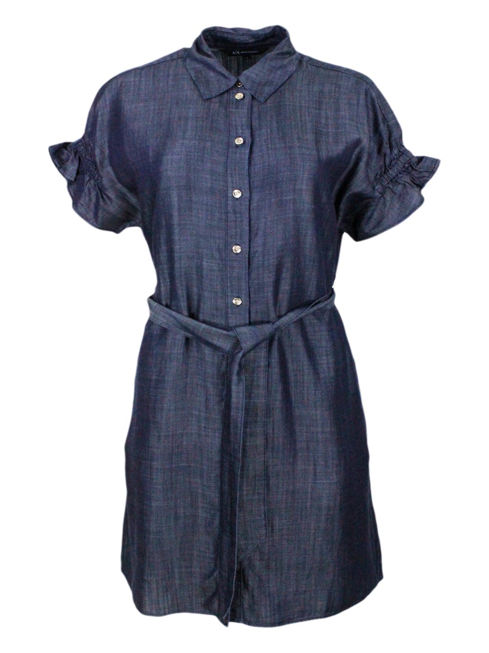 Armani Collezioni Lightweight Denim Dress With Gathered Sleeves With Button Closure And Belt Supplied In Denim Dark