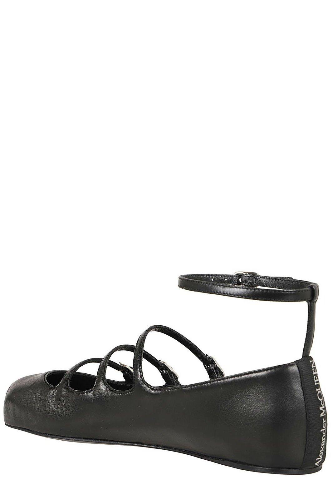 Shop Alexander Mcqueen Buckled-straps Square-toe Ballerina Shoes In Black