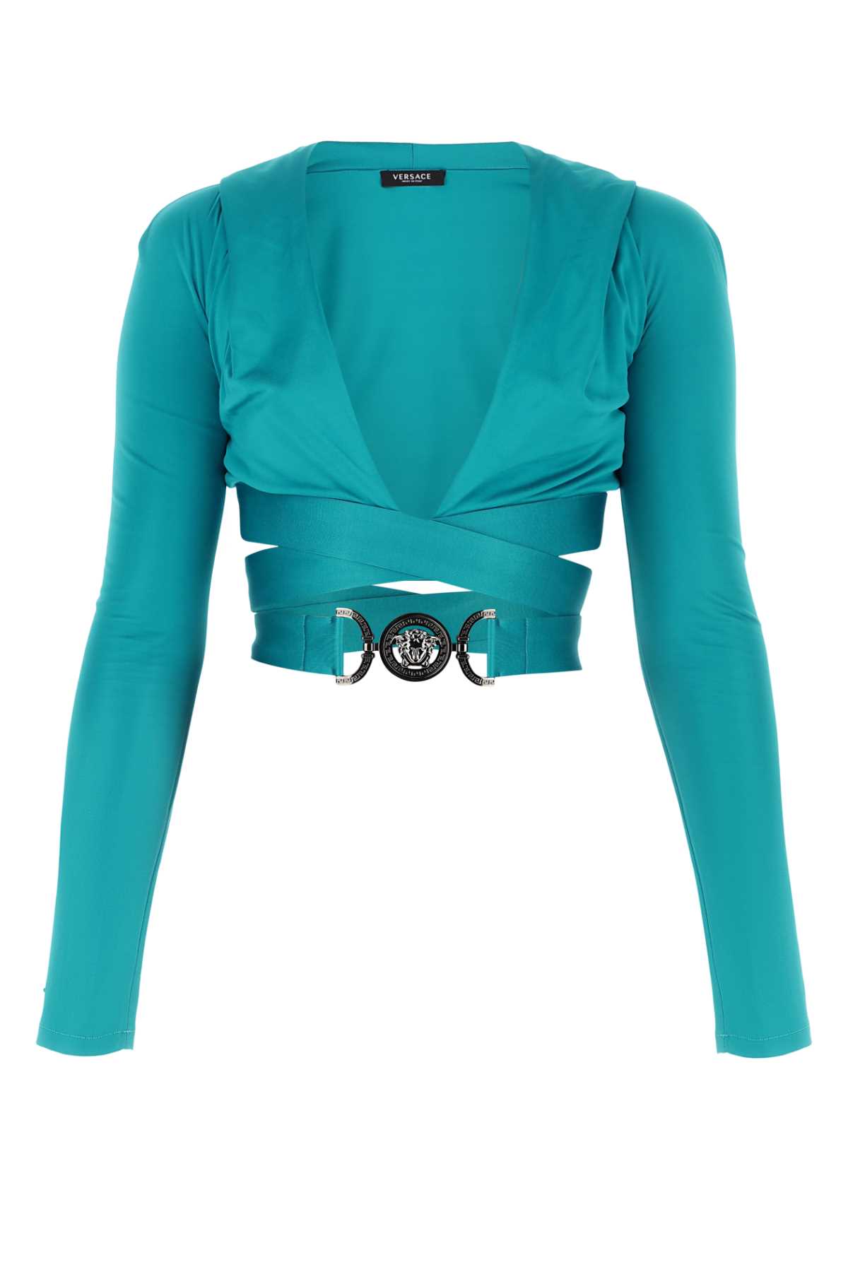 Shop Versace Teal Green Viscose Top In Turchese