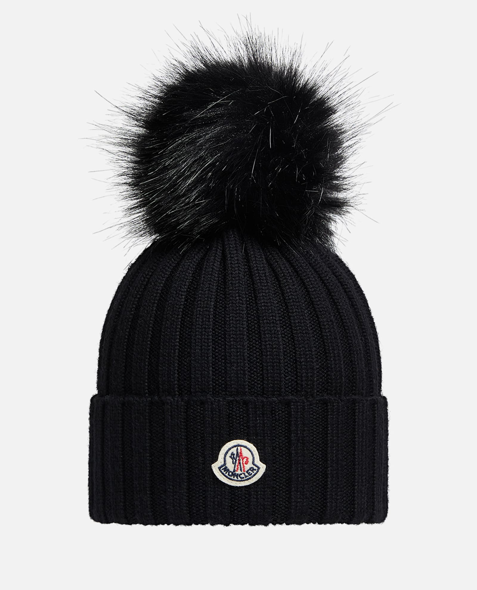 Moncler Ribbed Knit Wool Beanie With Faux Fur Pom-pom In Black