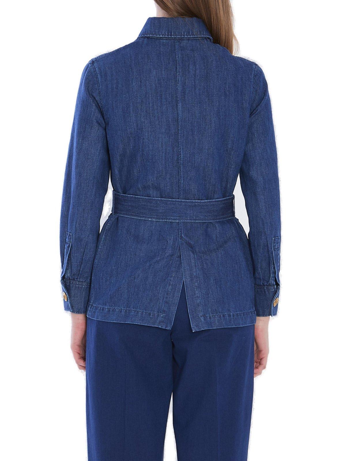 Shop Valentino Sahariana Belted Waist Denim Jacket In Blue