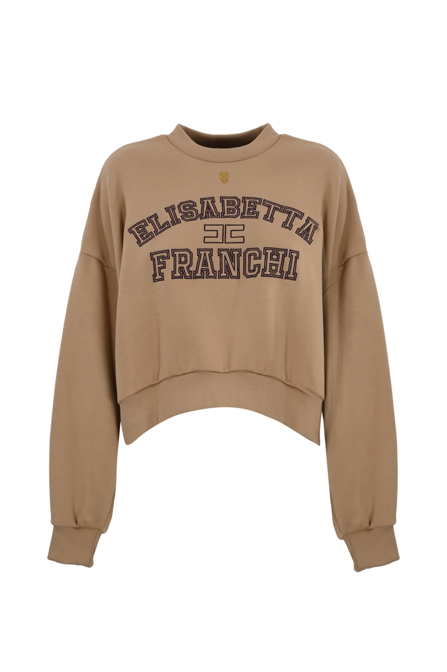 Shop Elisabetta Franchi Cropped Sweatshirt In College Style Logo Cotton In Camel