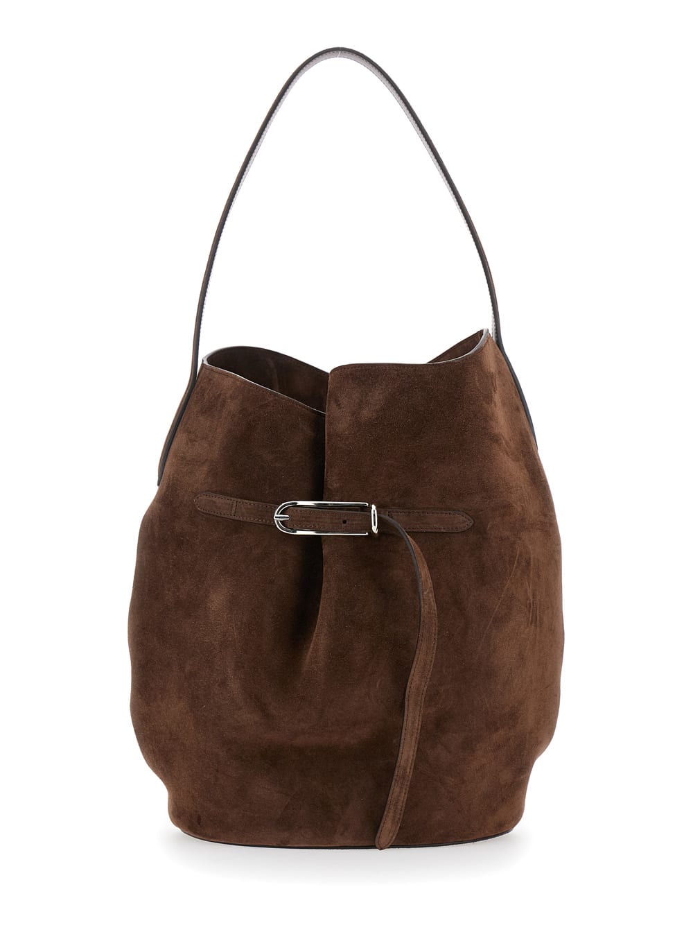 belted Bucket Brown Shoulder Bag With Belt On The Front In Suede Woman