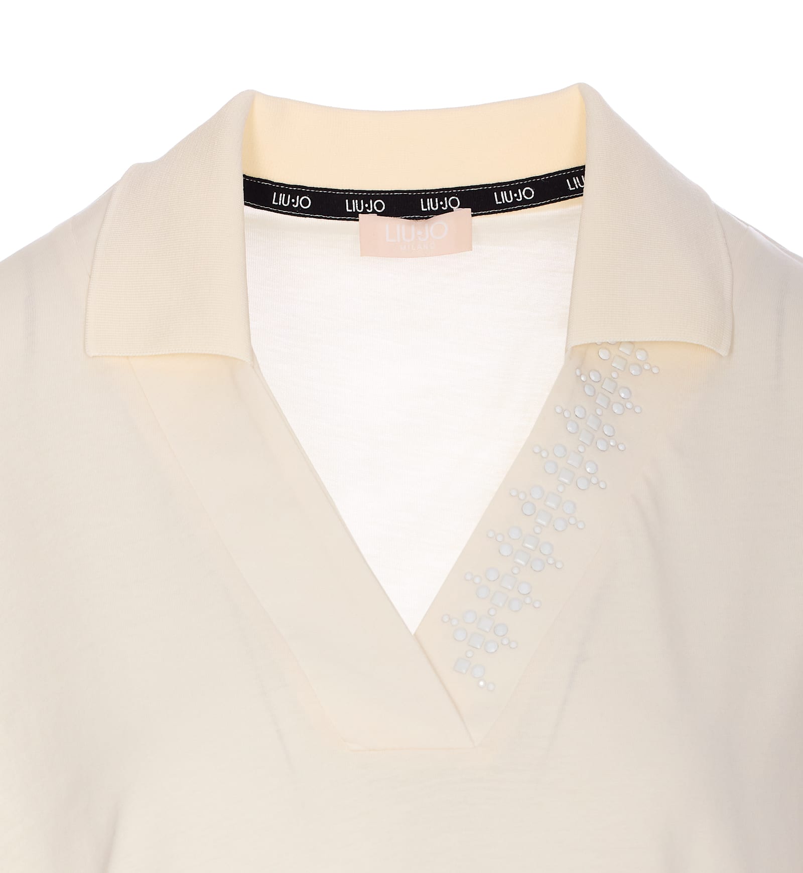 Liu •jo Embellished V-neck Studs Detail Short Sleeve Top In White