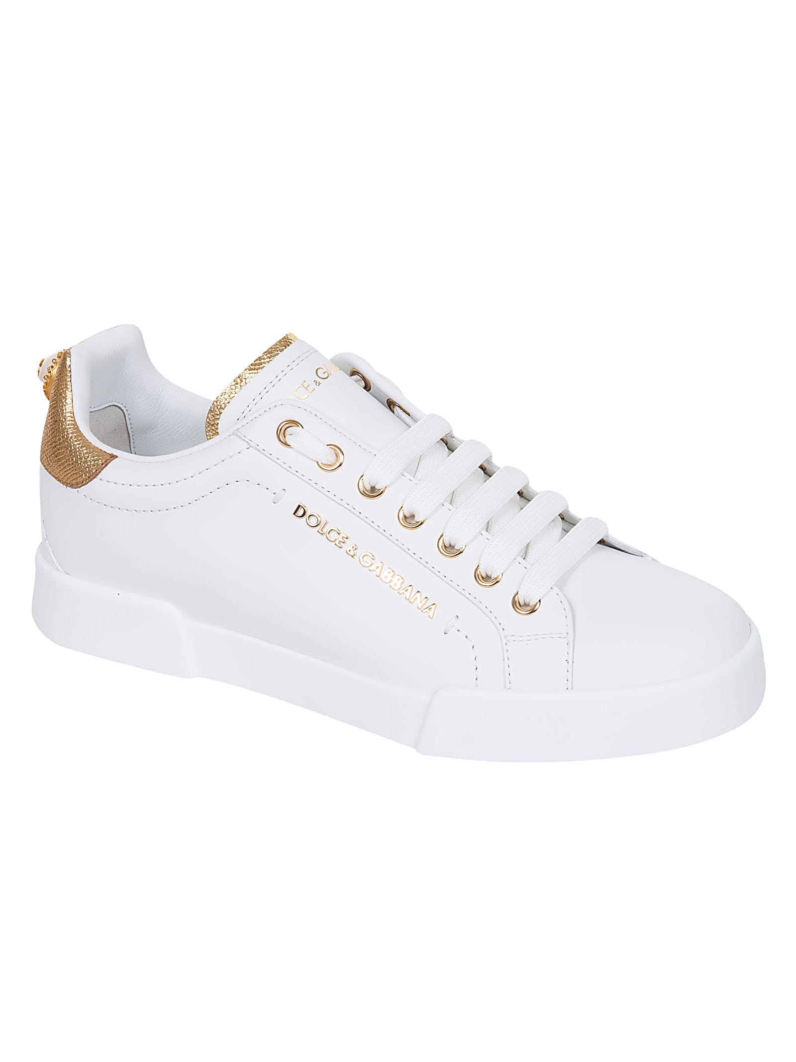 Shop Dolce & Gabbana White Pearl Embellished Leather Sneakers In White/gold
