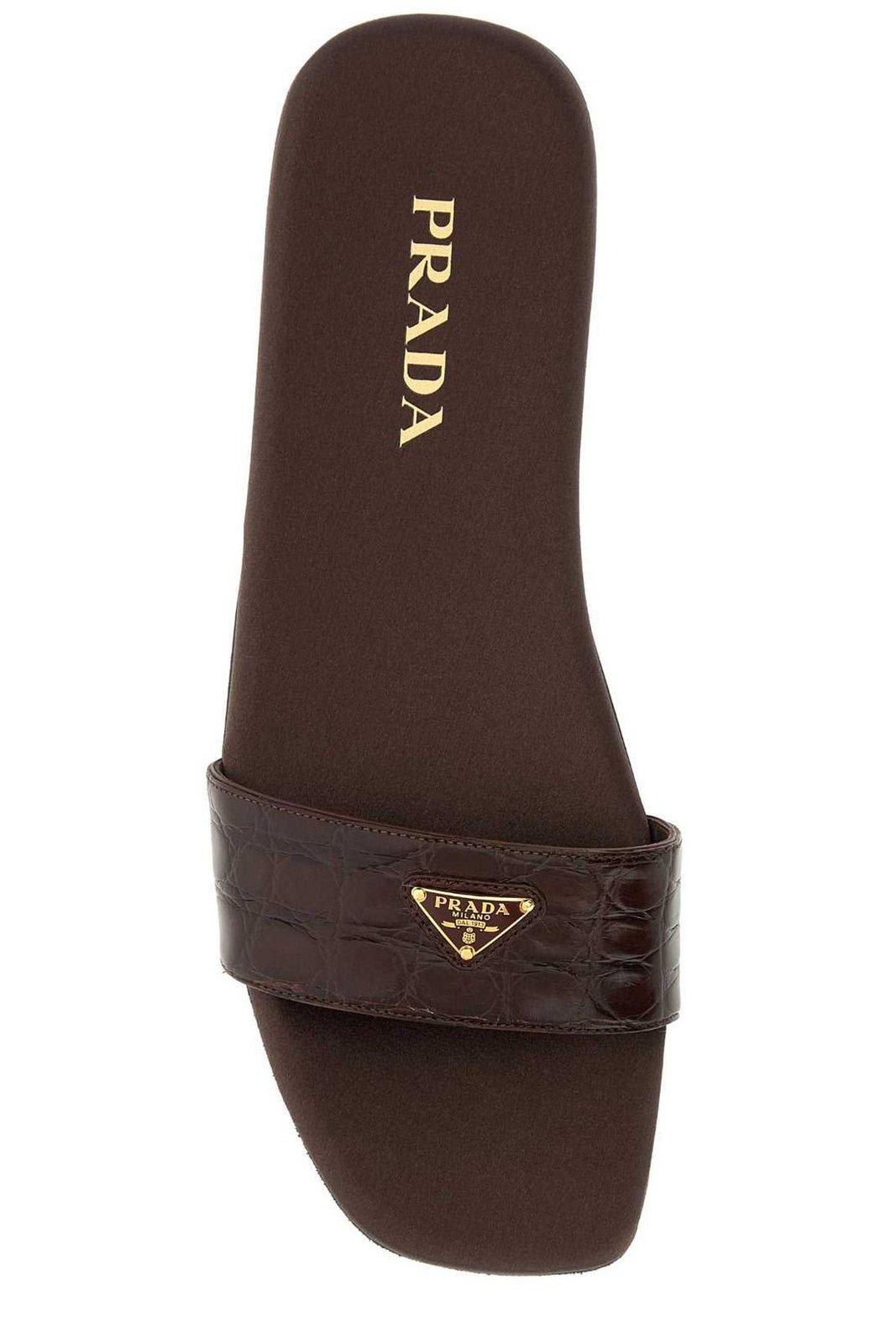 PRADA LOGO PATCH SQUARE TOE SLIDES 