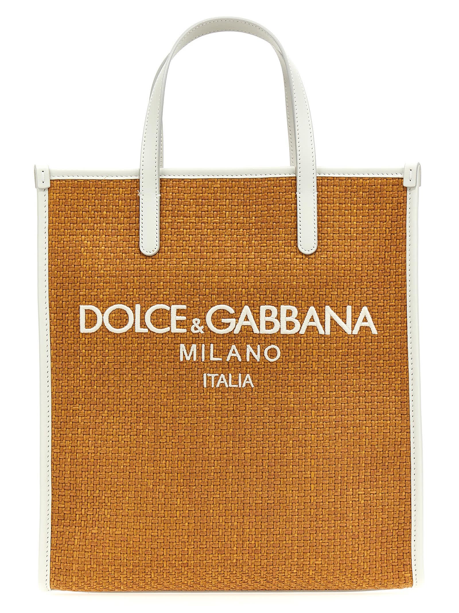 Shop Dolce & Gabbana Logo Embroidery Shopping Bag In Beige