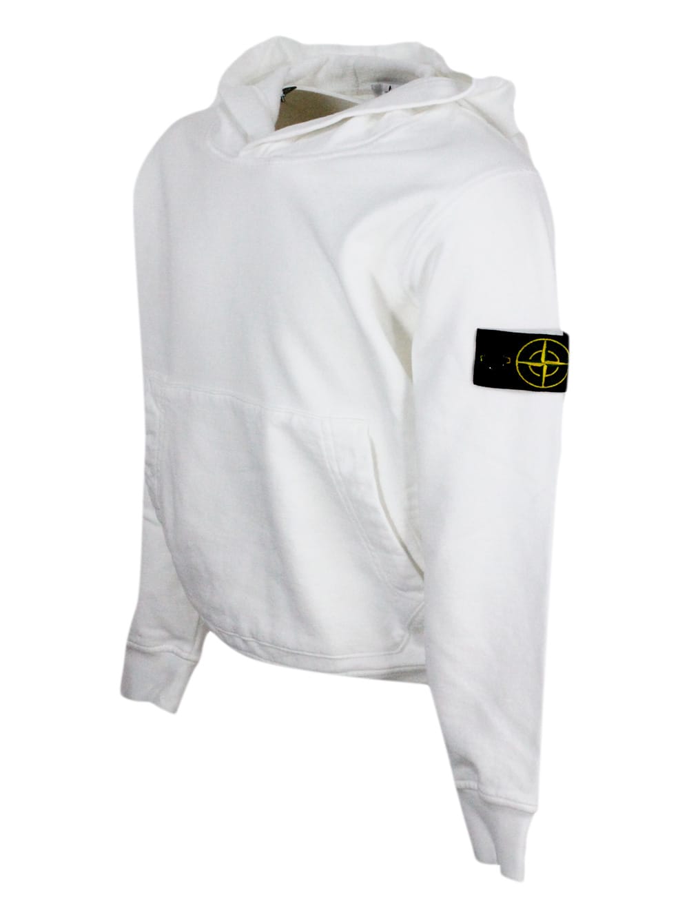 Stone Island Cotton Sweatshirt With Hood, Kangaroo Pockets And Logo On The Sleeve In White