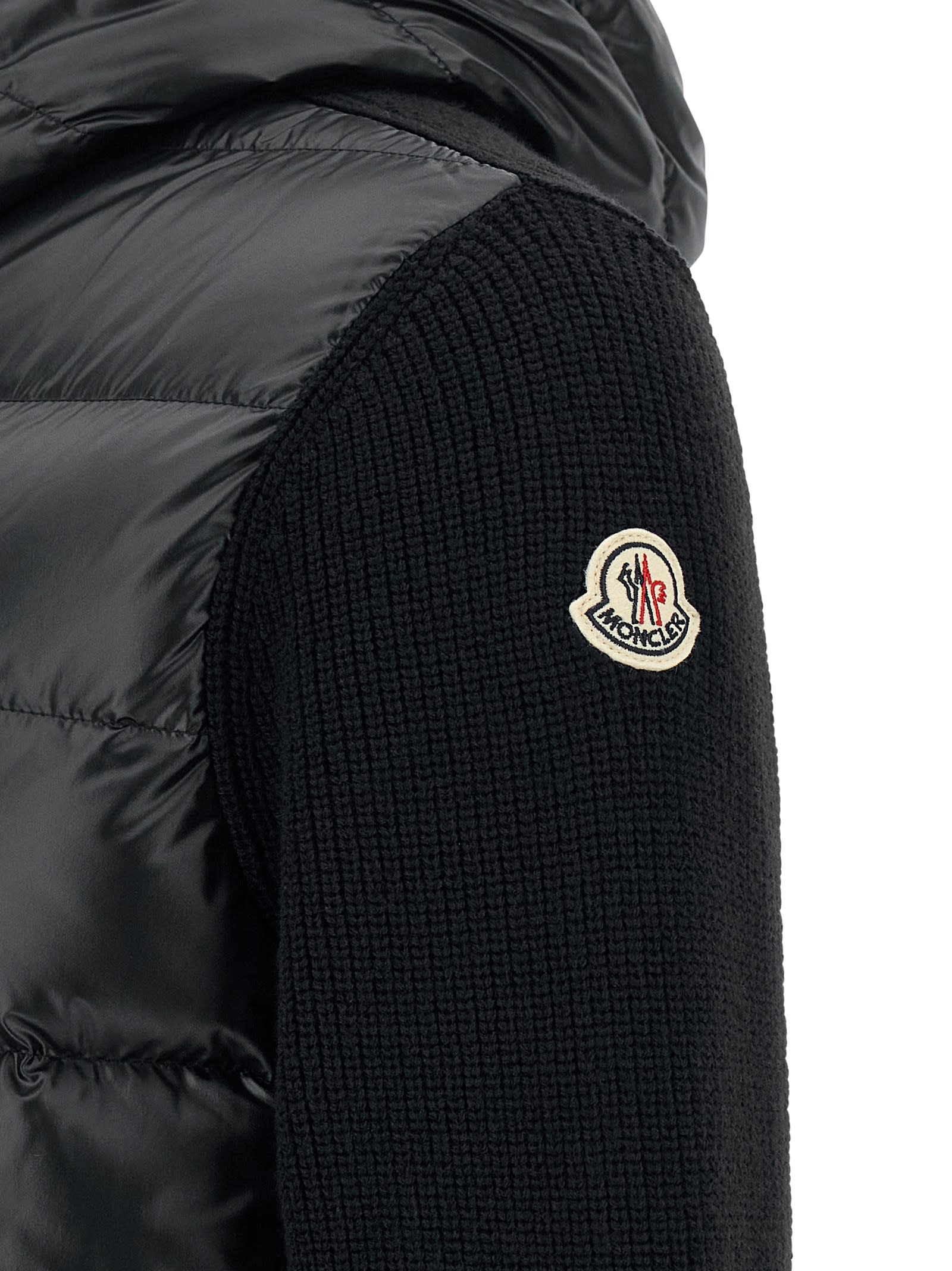 Moncler Hooded Quilted Sweater Ribbed Sleeves In Black