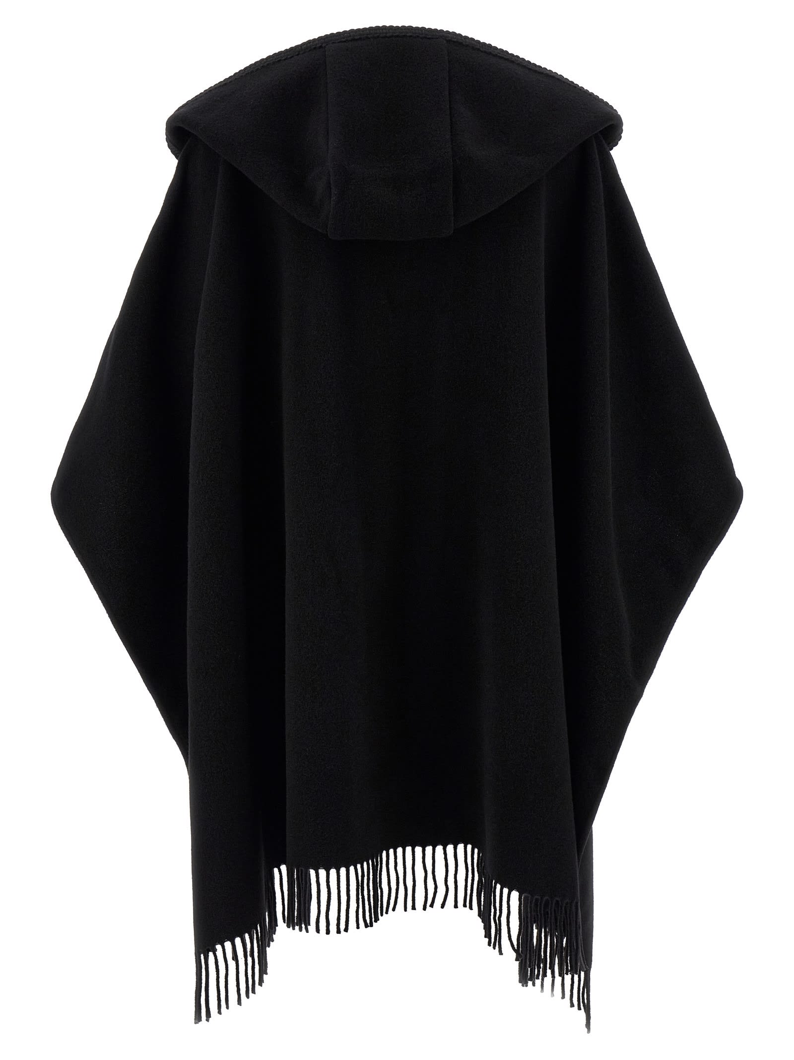 Moncler Hooded Cape With Belted Waist And Fringed Hem In Black