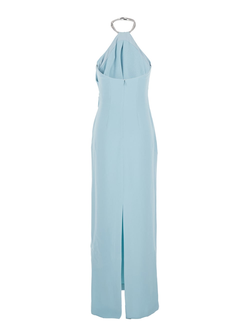 Solace London Riva Light Blue Long Dress With Rhinestone-embellished Neckline And Drape Details In Twill Woman In Blue