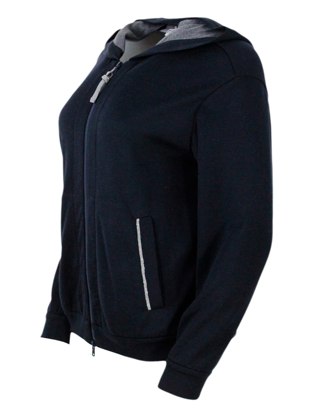 Shop Brunello Cucinelli Cotton And Silk Sweatshirt With Hood And Monili On The Zip In Blu