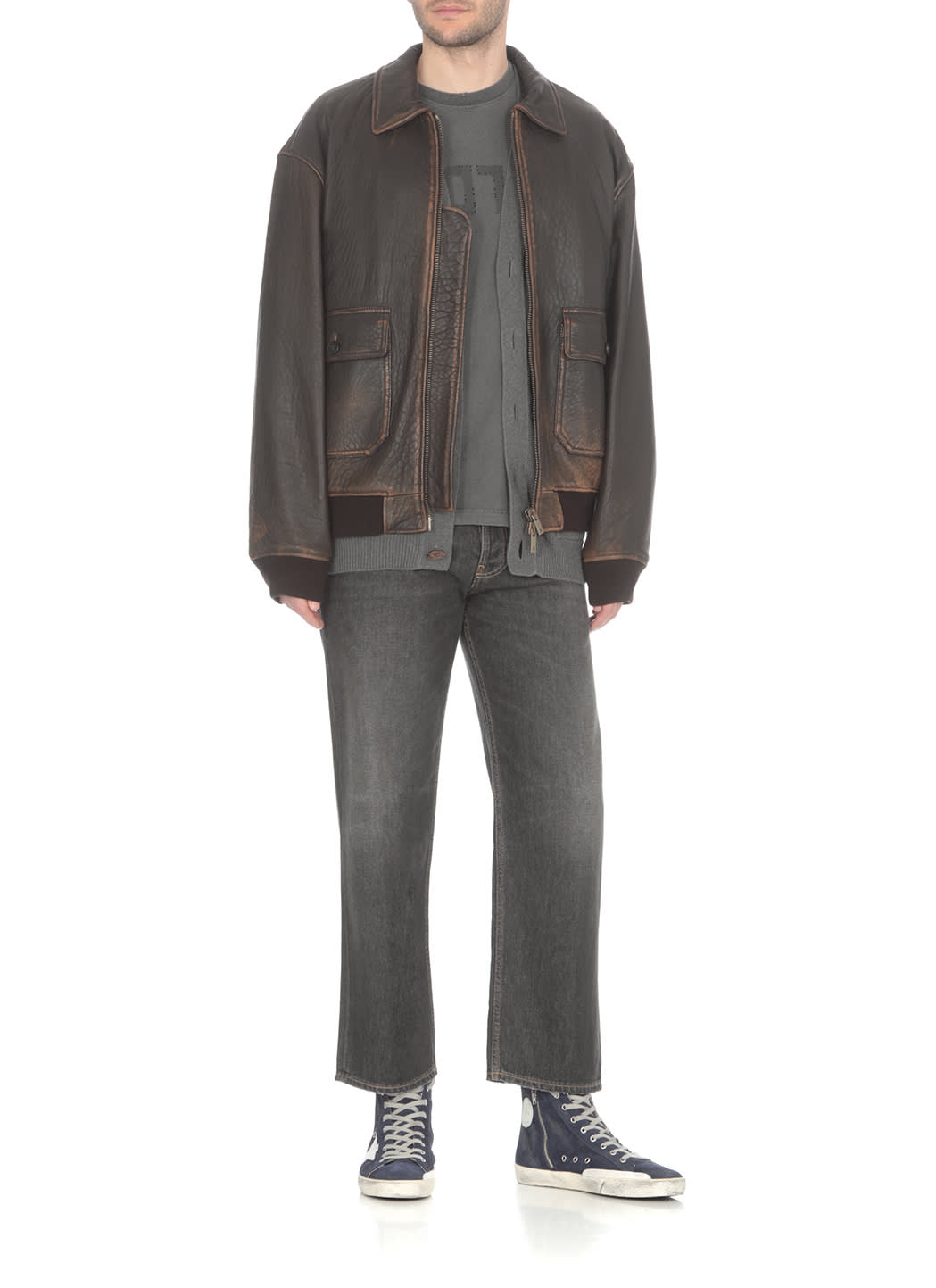 Shop Golden Goose Luois Aviator Leather Jacket In Brown