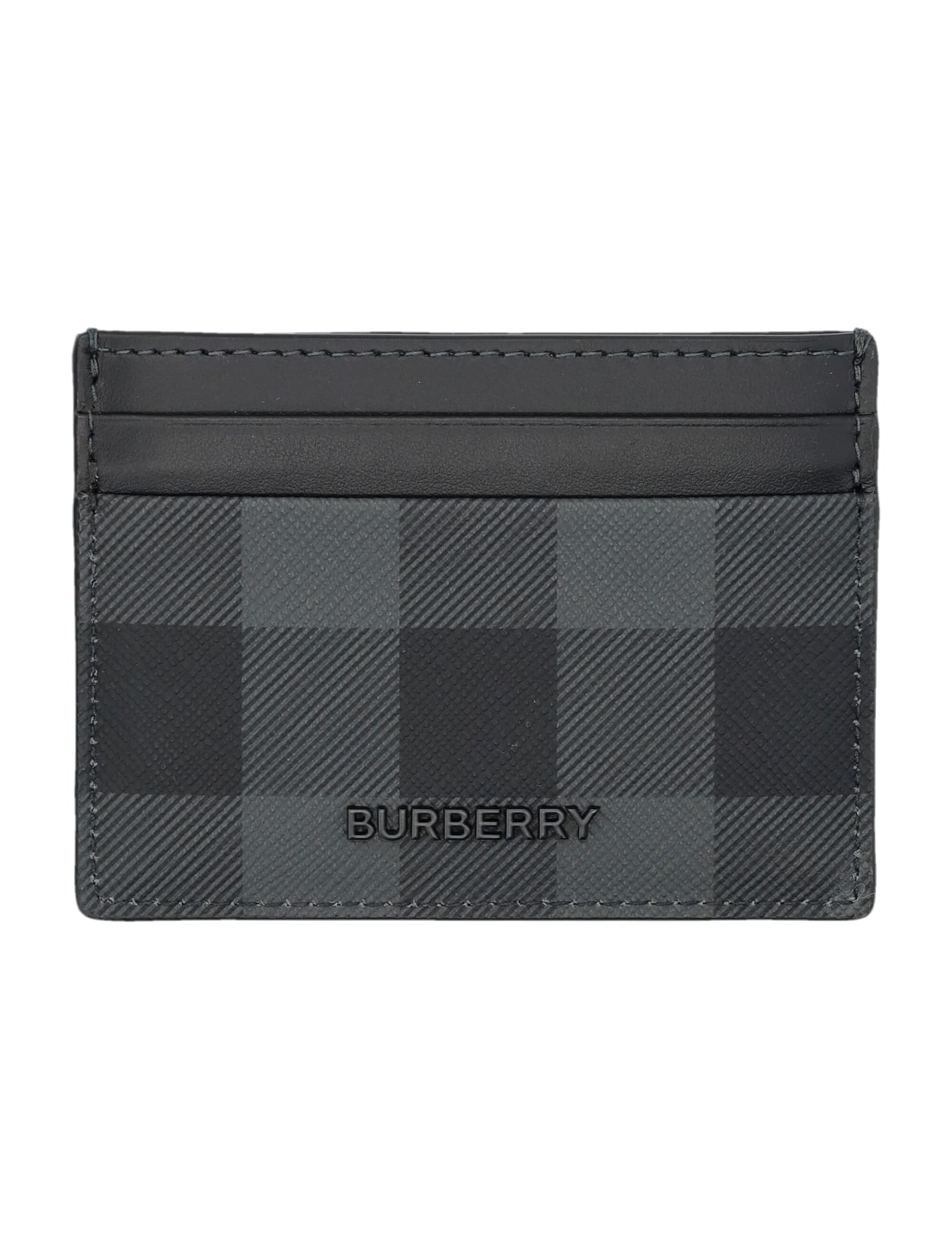 Burberry Check And Leather Card Case In Charcoal