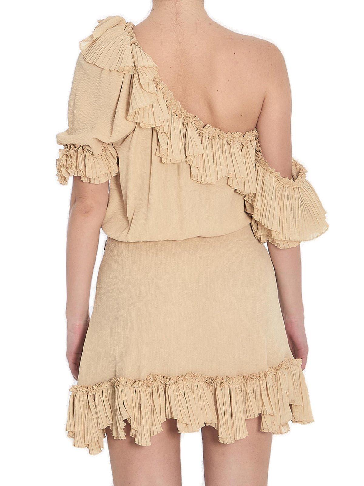 Saint Laurent Beige One-shoulder Dress With Asymmetric Neckline And Poet Sleeves In Silk Woman In Beige