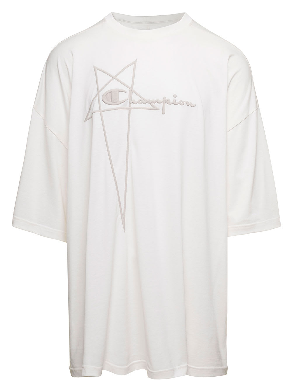 RICK OWENS TOMMY T WHITE OVERSIZE T-SHIRT WITH PENTAGRAM EMBROIDERY AT THE FRONT IN COTTON MAN