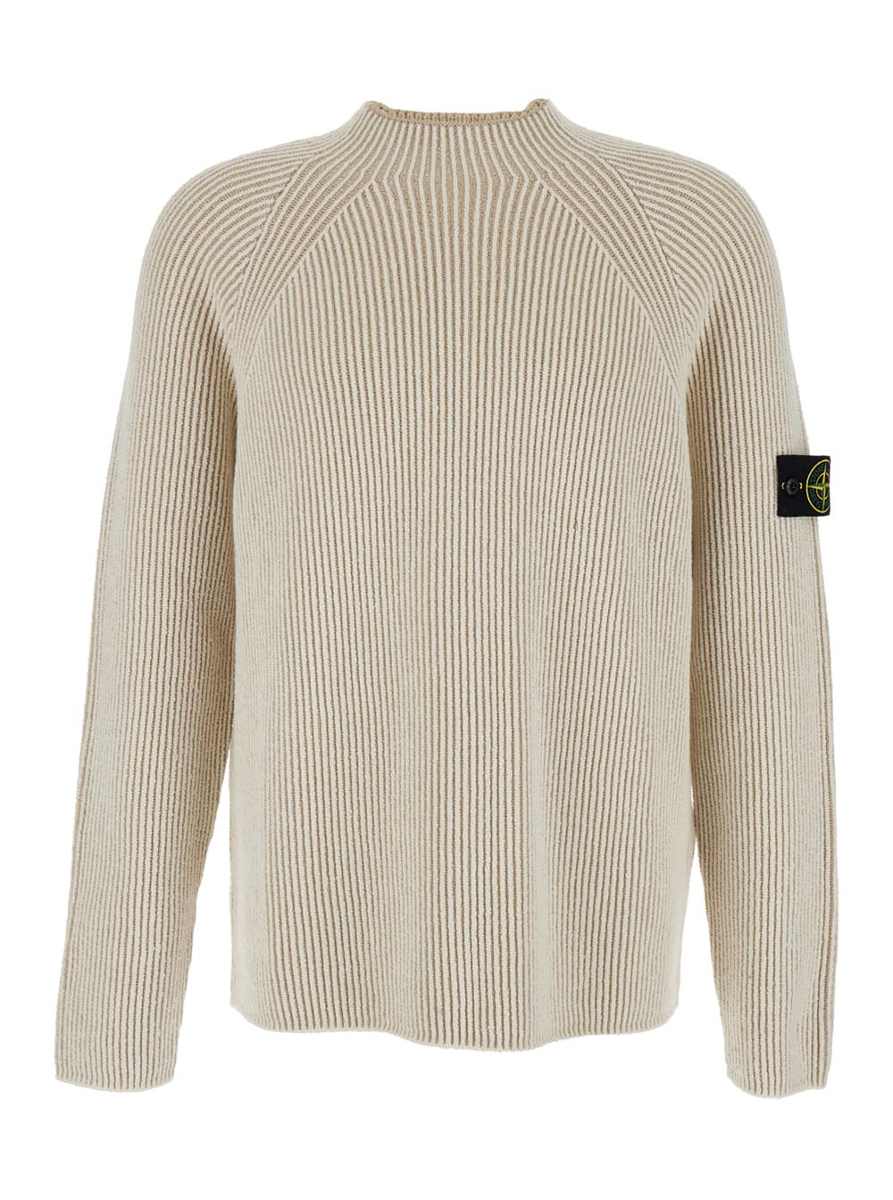 Stone Island White Sweater With Ribbed Design And Logo Patch On Sleeve In Virgin Wool Blend Man In Neutral