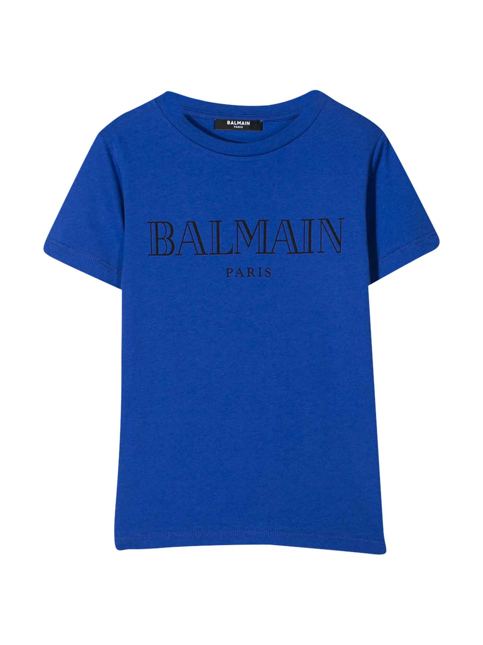 BALMAIN BLUE T-SHIRT WITH FRONTAL LOGO,11305323