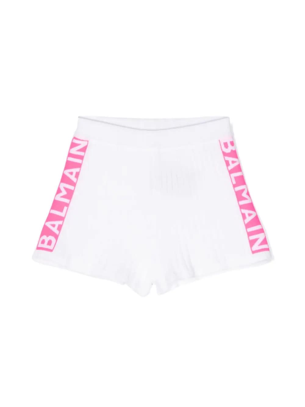 Shop Balmain Ribbed Knit Shorts With Jacquard Logo Motif In White