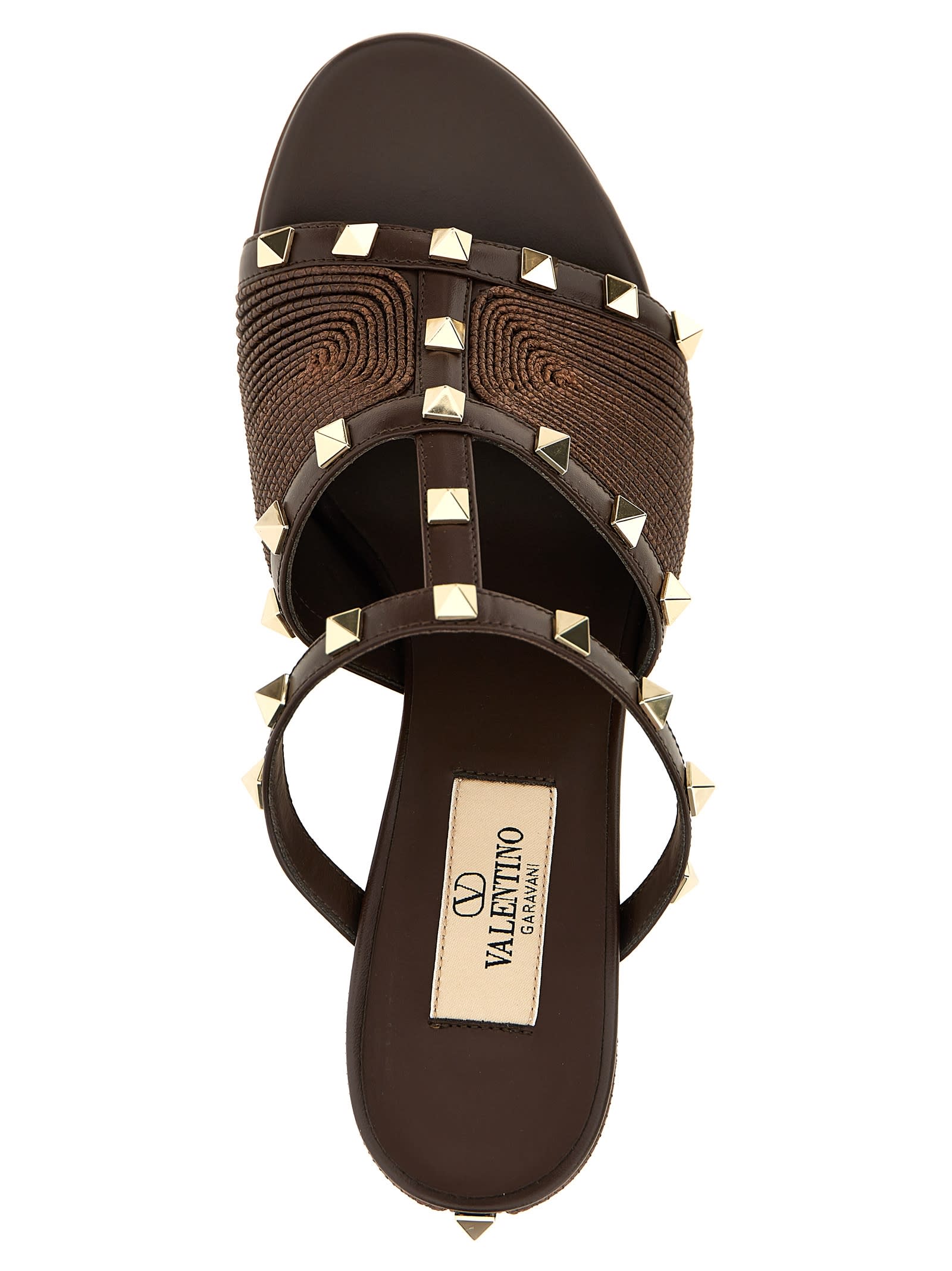 Valentino Rockstud Block Heel Sandals With Studded Embellishments In Brown