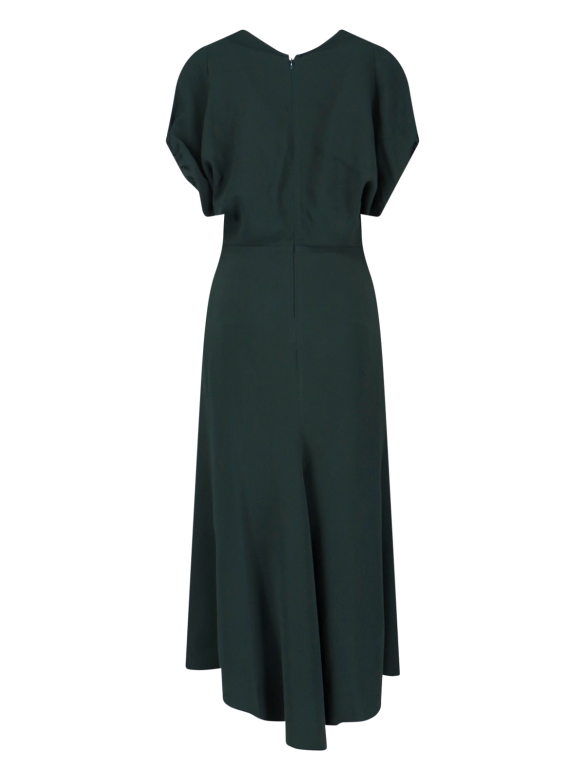 Victoria Beckham Green Midi Dress With Ruched Sleeves And V Neck In Green
