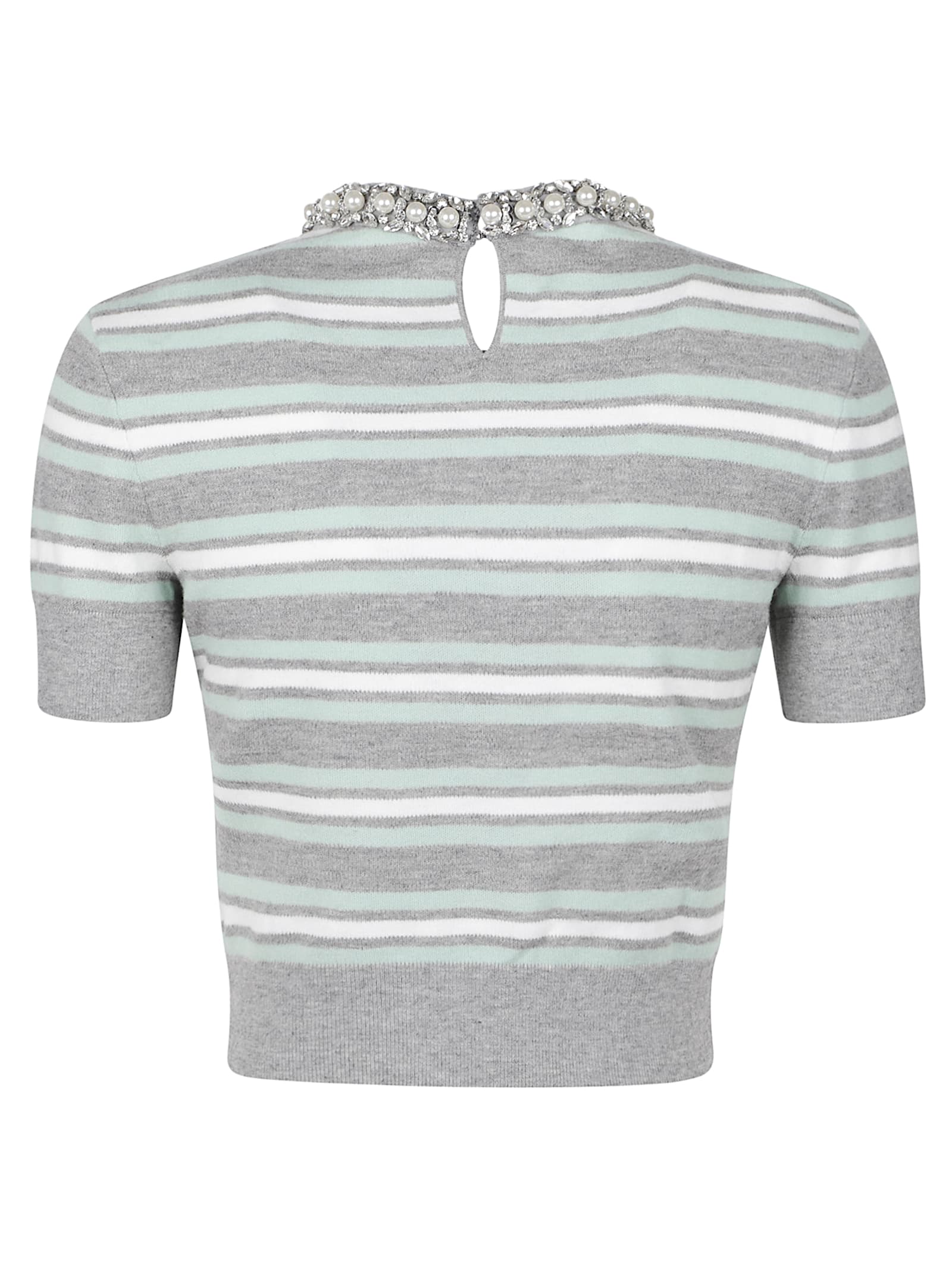 Self-portrait Grey Cropped Top Wih Crewneck With Crystal Embellishments And All-over Striped Motif In Wool Blend W In Gray