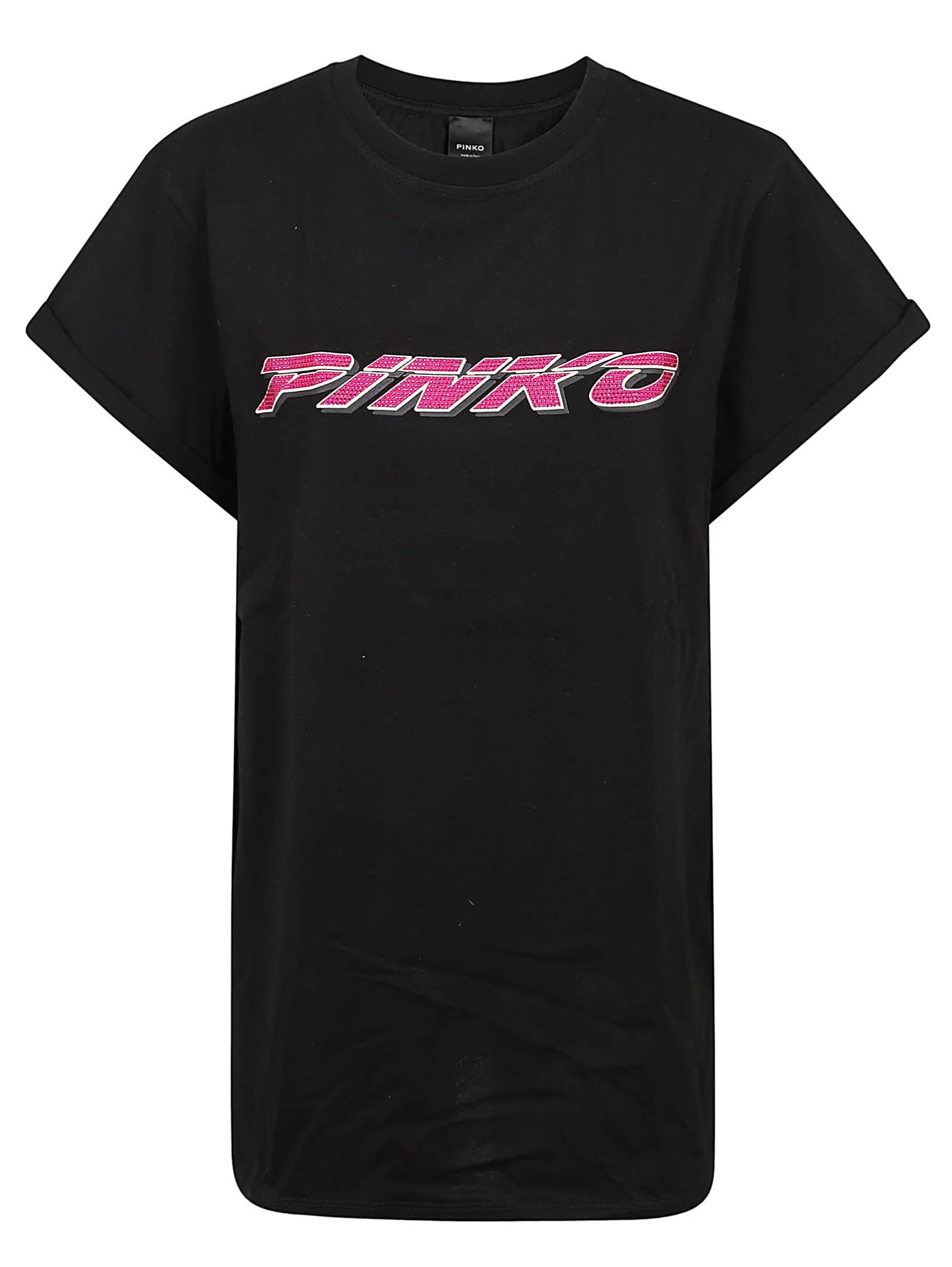 Shop Pinko Telesto T-shirt Jersey Cotone In Nero Fuxia