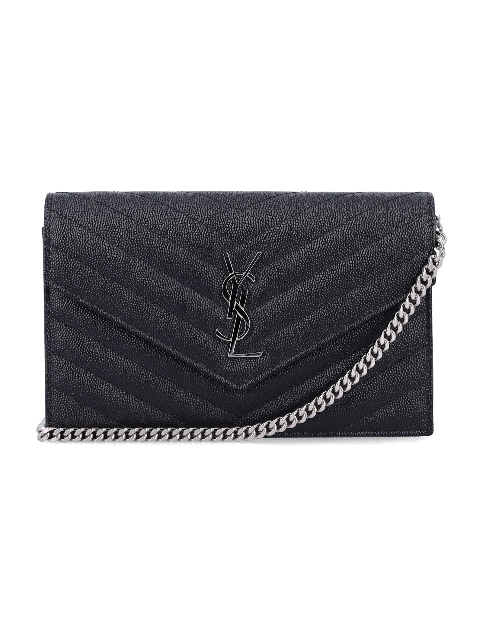 Saint Laurent Cassandre Envelope Chain Wallet In Grain De Poudre Leather In Black