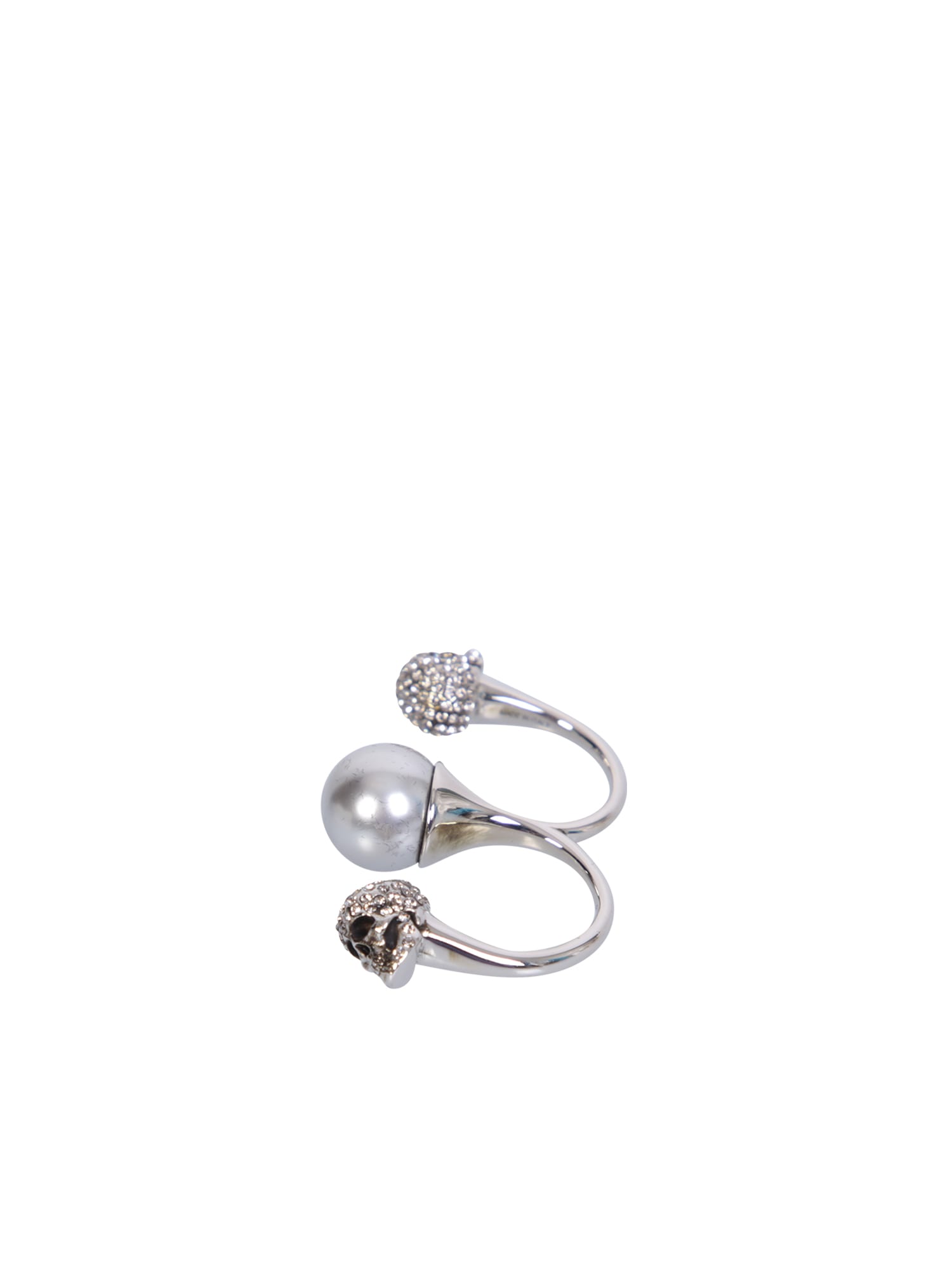 Shop Alexander Mcqueen Double Pearl Skull Silver Ring In Metallic