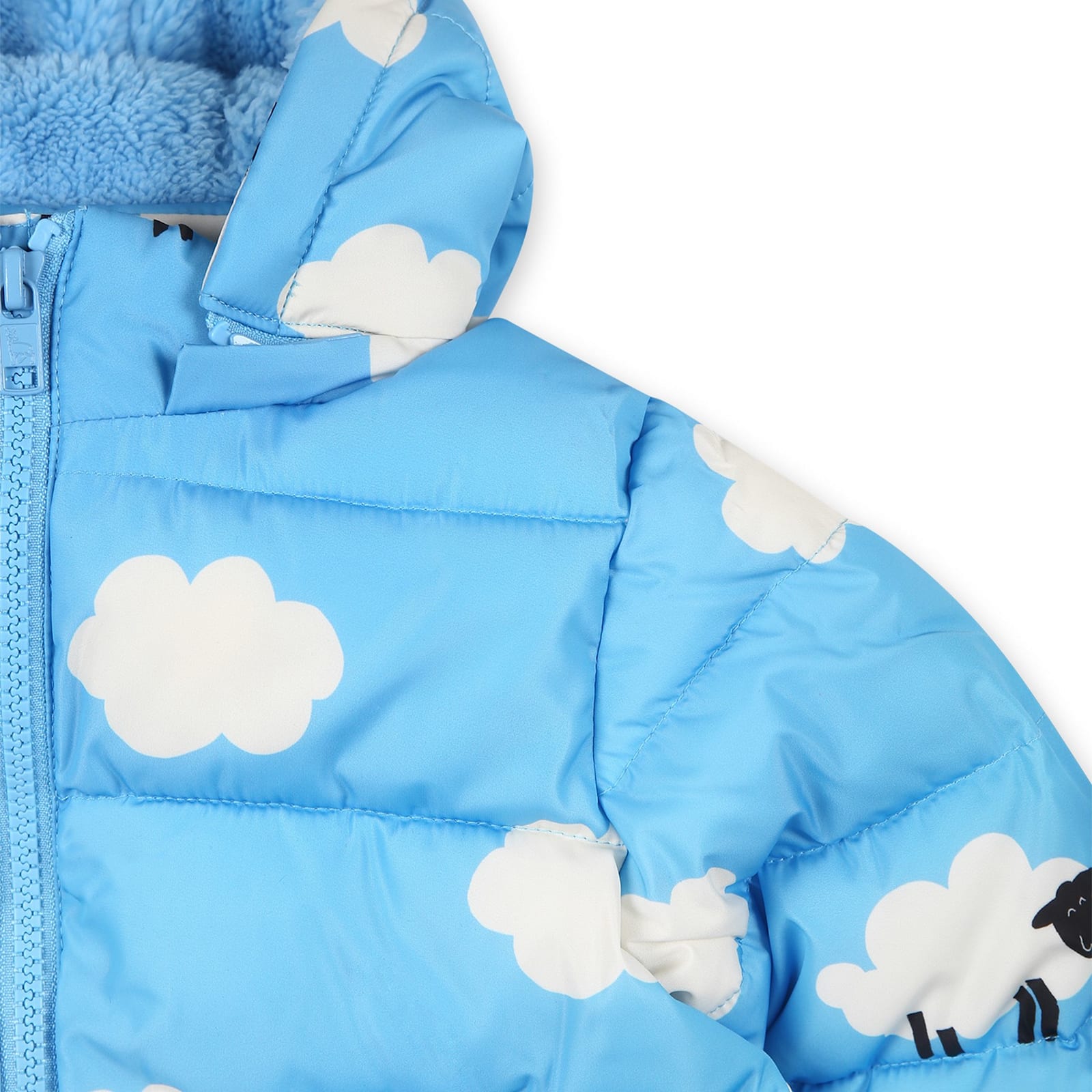 Stella Mccartney Light Blue Down Jacket For Babykids With Clouds In Blue