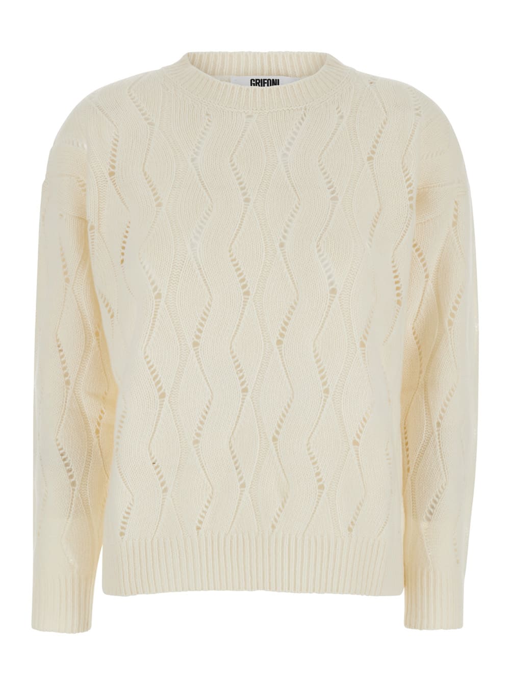 White Crewneck Sweater In Perforated Knit Woman