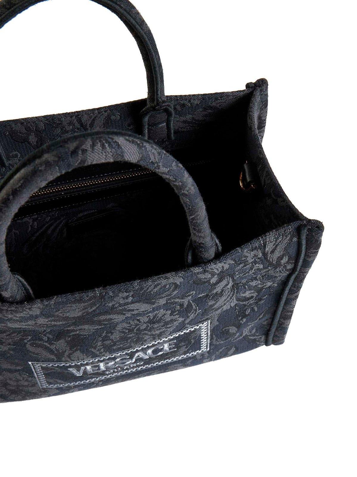 Versace All-over Floral Motif Top Handle Bag In Black+black--gold