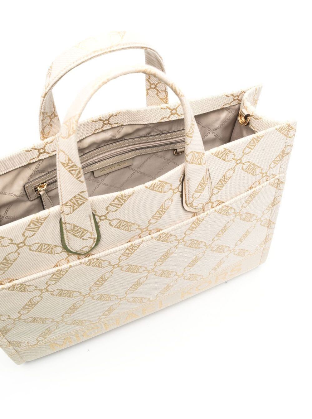 Shop Michael Michael Kors Beige Gigi Large Empire Tote Bag With Jacquard Logo Pattern In Canvas Woman