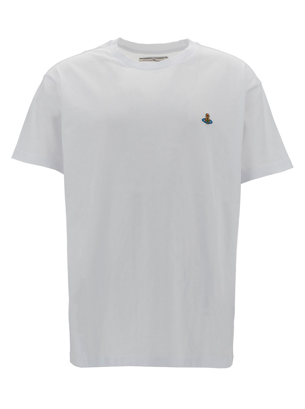 Shop Vivienne Westwood White Crewneck T-shirt With Multicolor Orb Embroidery In Cotton Man