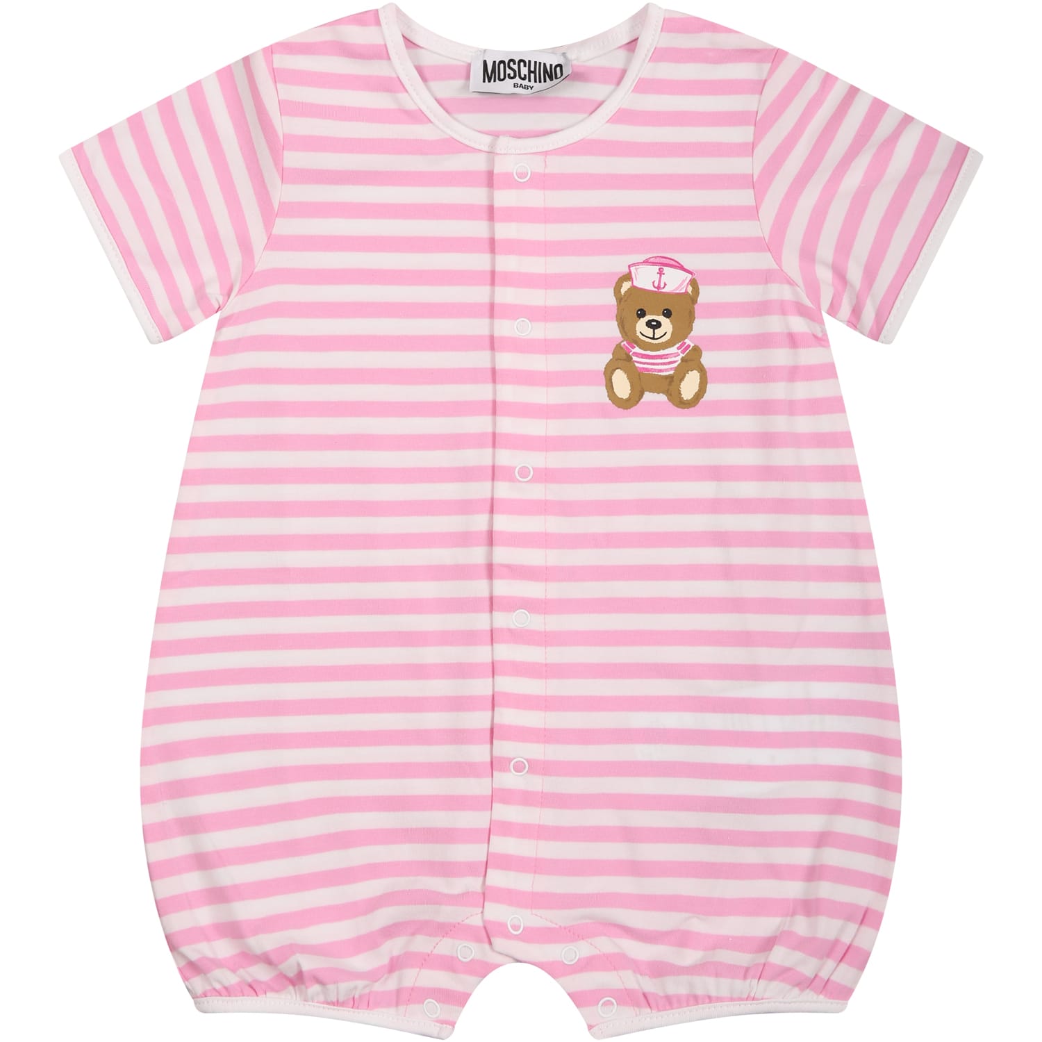 Moschino Multicolor Romper For Baby Girl With Teddy Bear And Logo In Pink