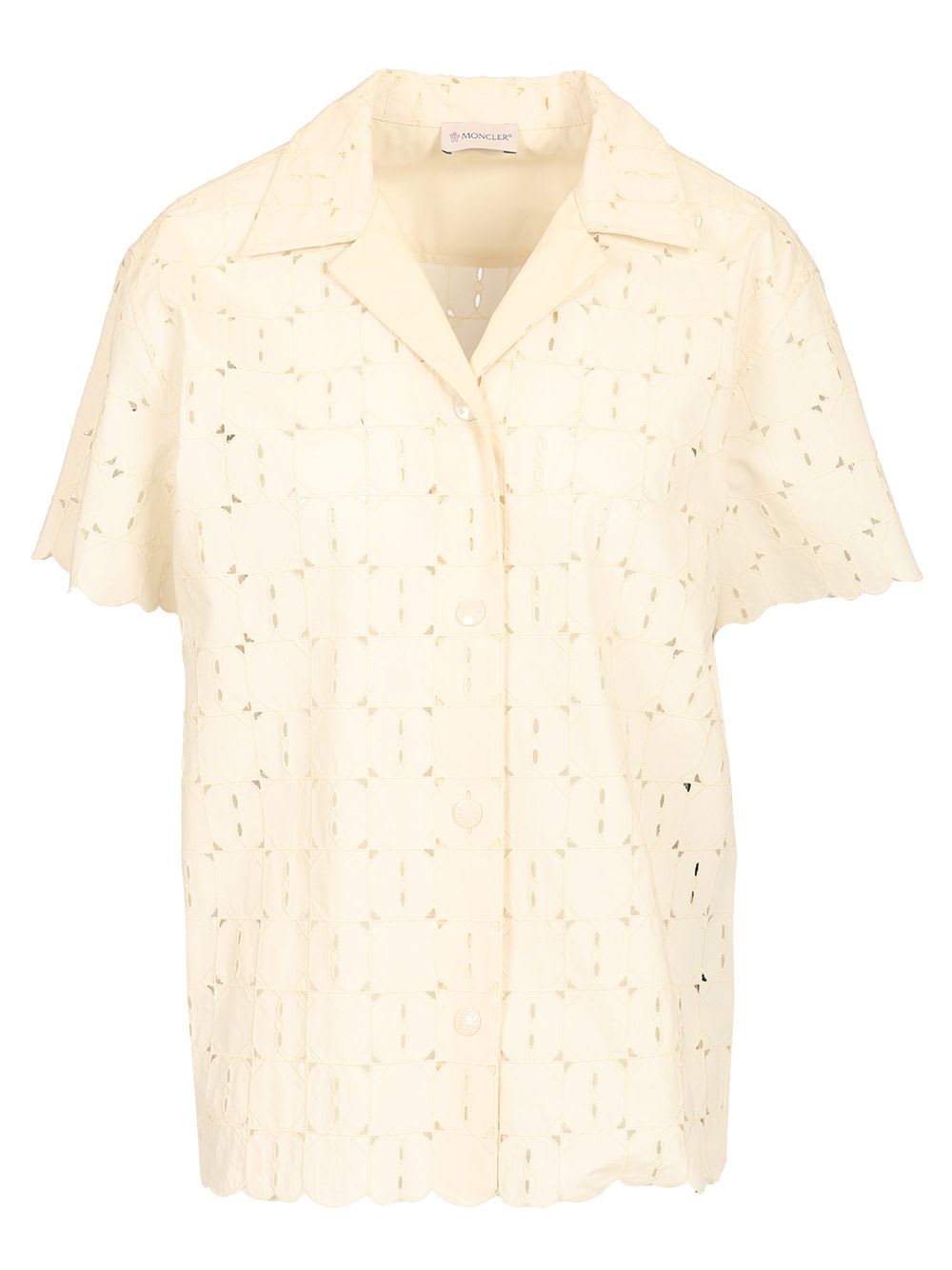 Moncler Short-sleeve Cotton Blend Shirt With Embroidered Design In White
