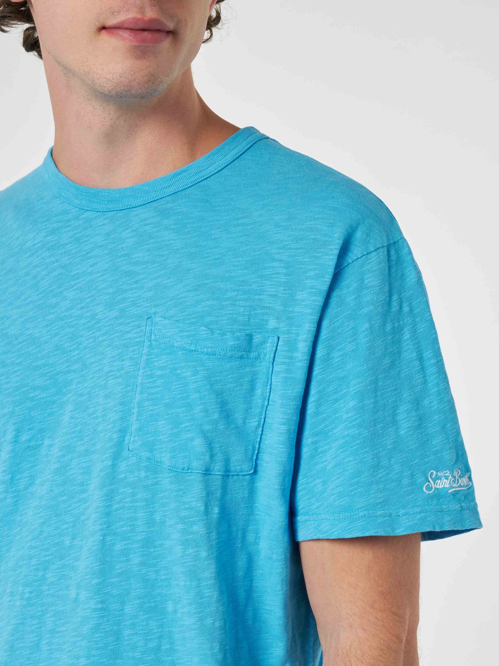 Mc2 Saint Barth Man Bluette Flamed Cotton T-shirt President With Embroidery In Sky