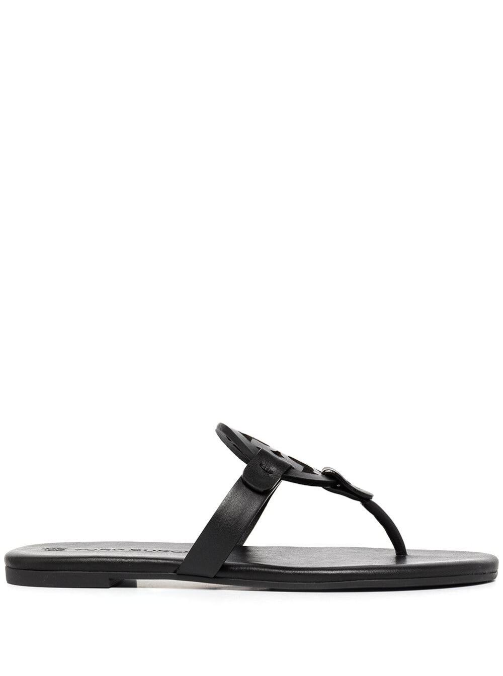 Tory Burch Womans Black Leather Sandals With Logo