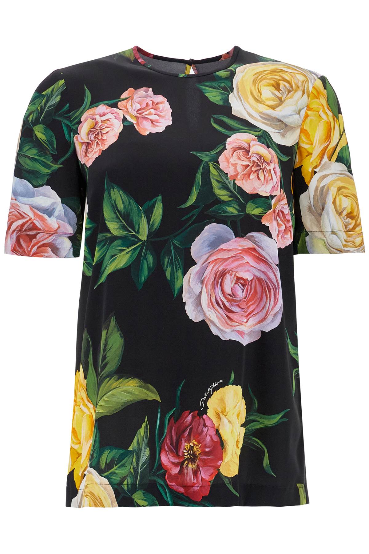 Black Silk T-shirt With Floral Print