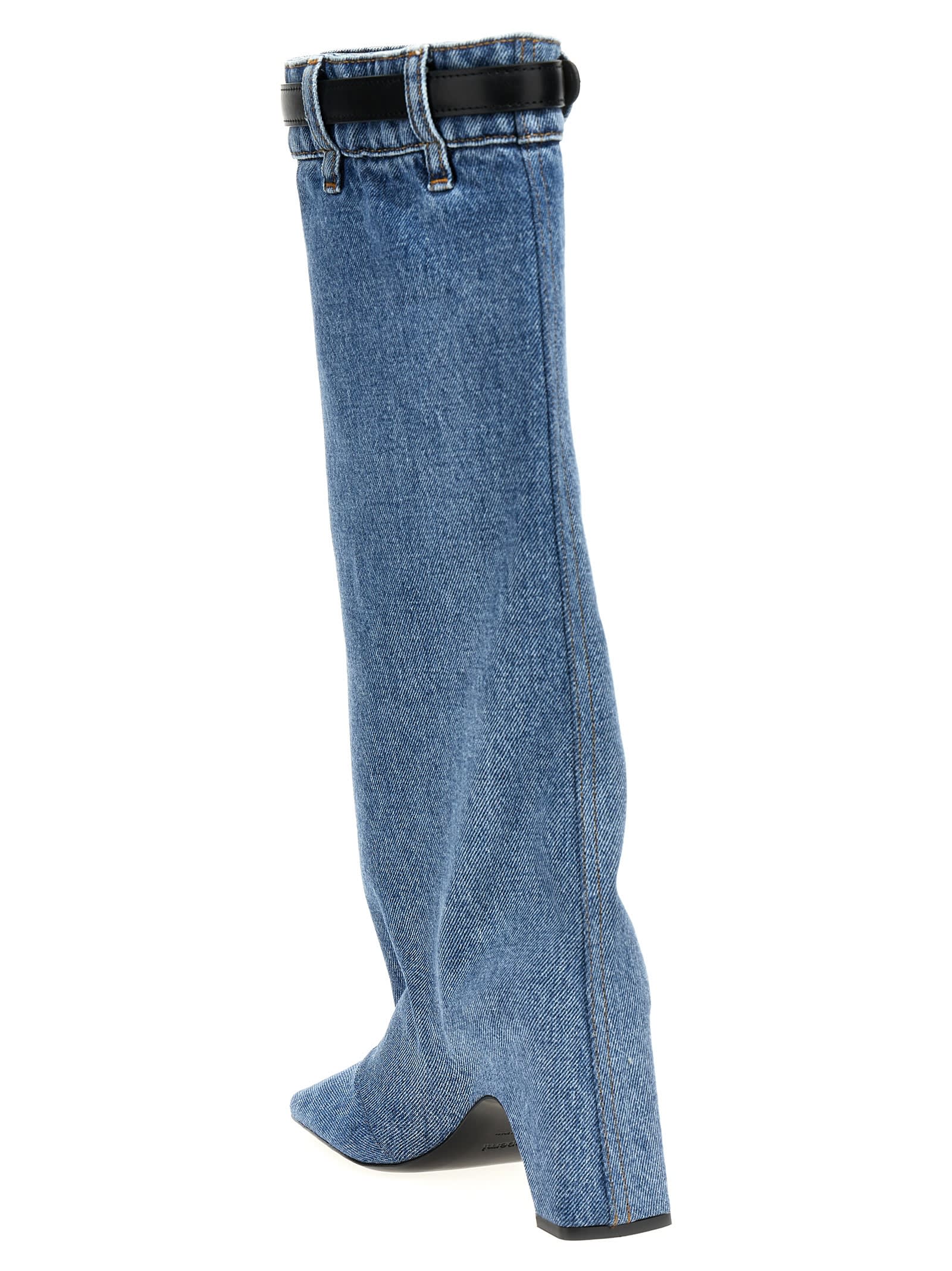 Shop Coperni Denim Open Knee Bridge Boots In Wasblu Washed Blue