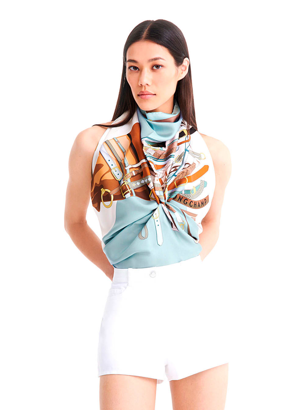 Longchamp Green Square Scarf With Graphic Print And Wraparound Style In Silk Woman In Multi