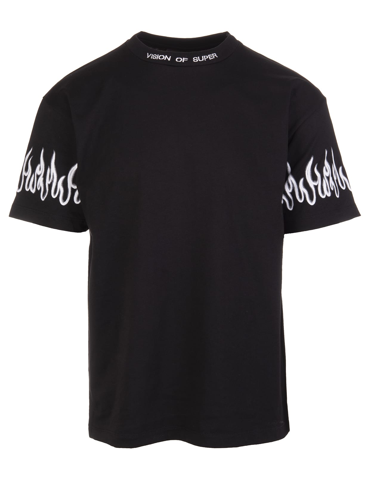 Vision of Super Black Unisex T-shirt With Logo And White Spray Flames Print