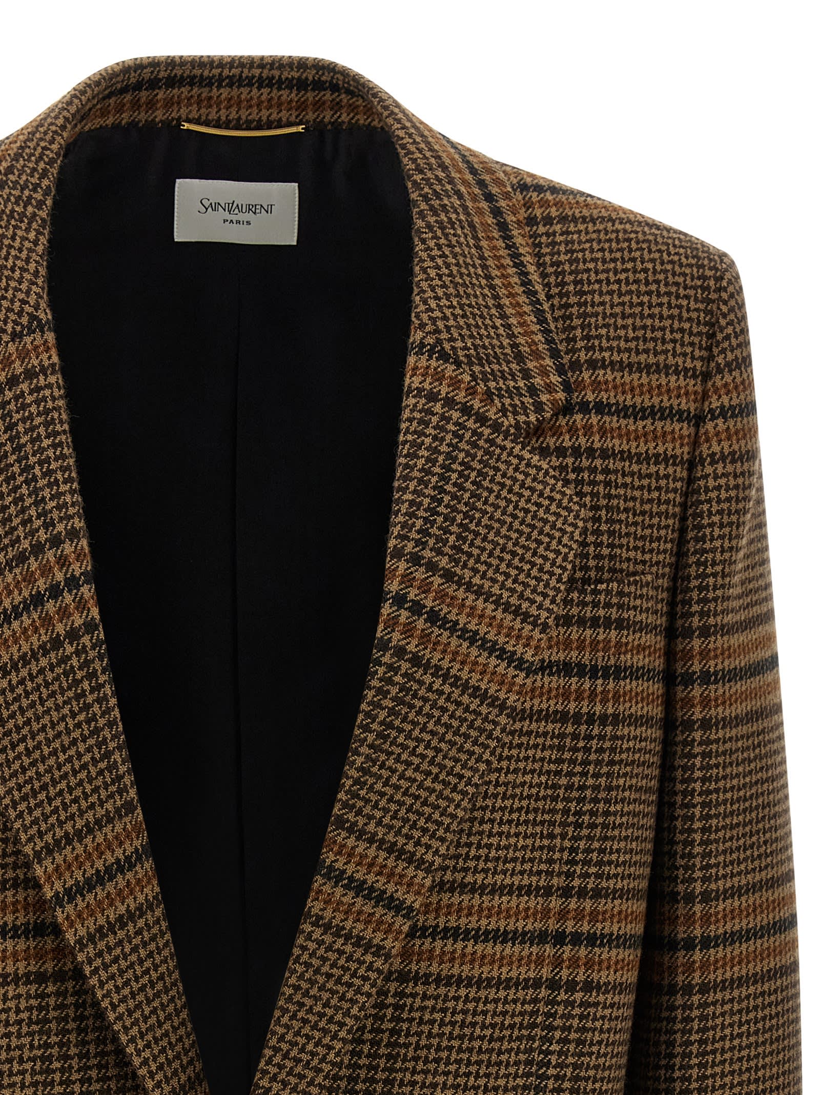 Saint Laurent Checked Pattern Jacket Flap Pockets In Brown