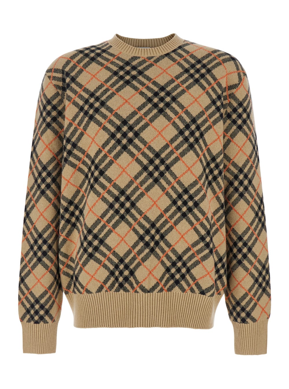 Shop Burberry Beige Crewneck Sweater With All-over Check Motiv In Cashmere Man