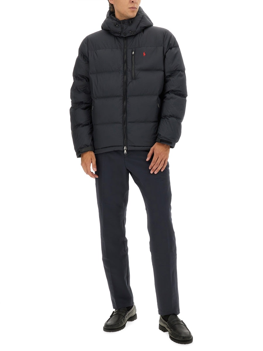 Polo Ralph Lauren Blue Down Jacket With Fixed Hood And Embroidered Pony Logo On Chest In Tech Fabric Man In Black