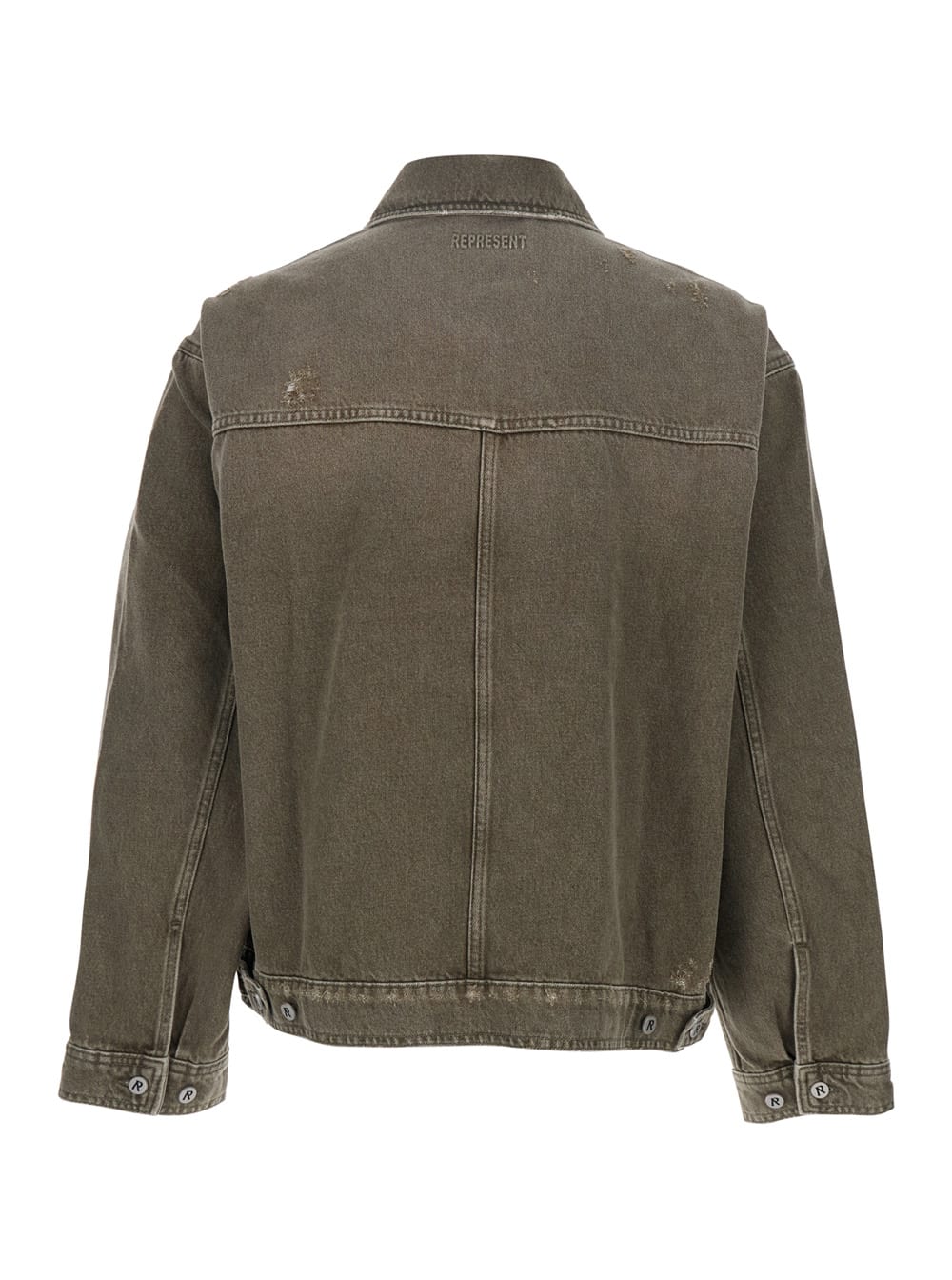 Represent Green Jacket With Classic Collar And Logo Plaque On The Front In Denim Man In Brown